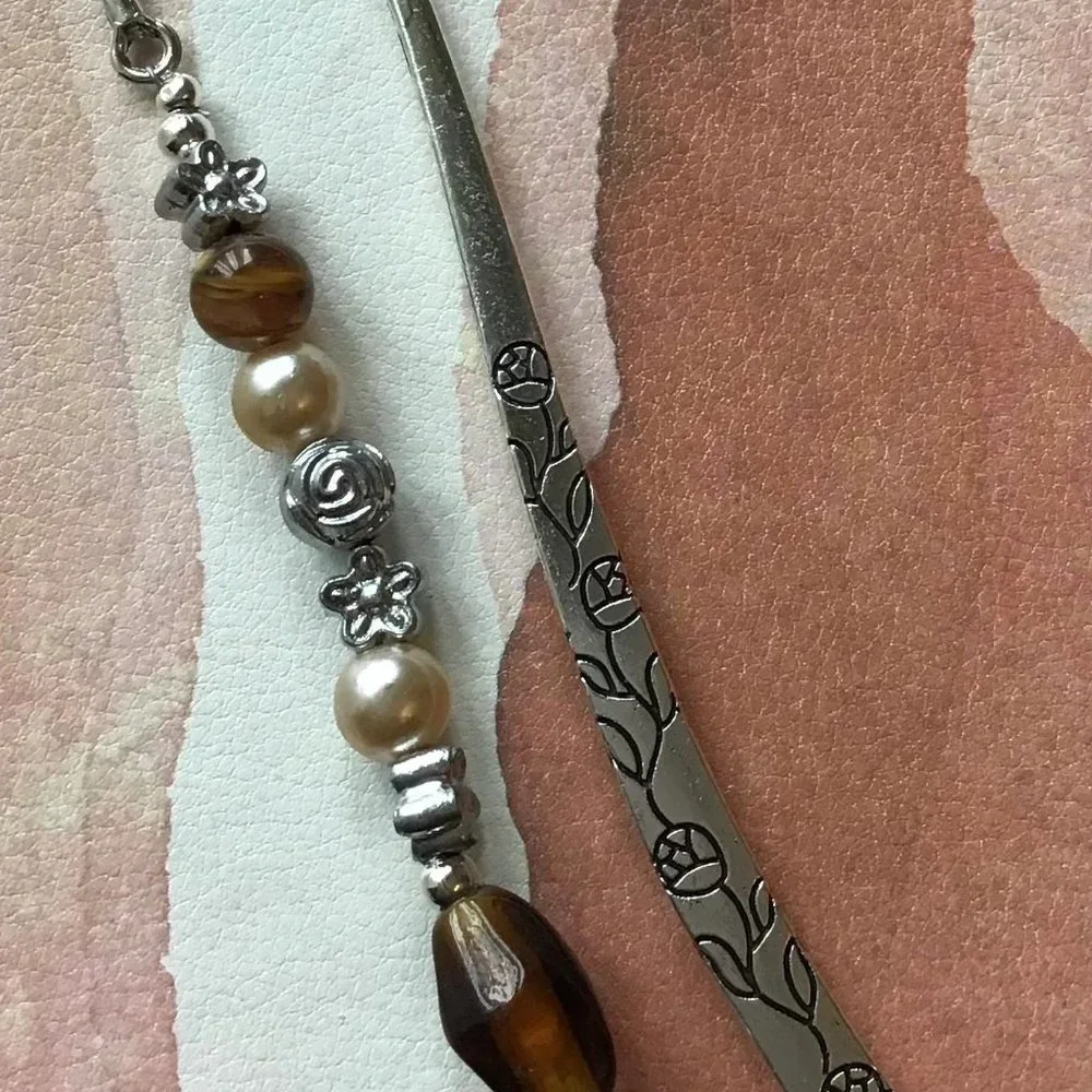 Tibetan Metal Bookmark Flower‎ Engraved Moonstone, Pearl, Amber Beads